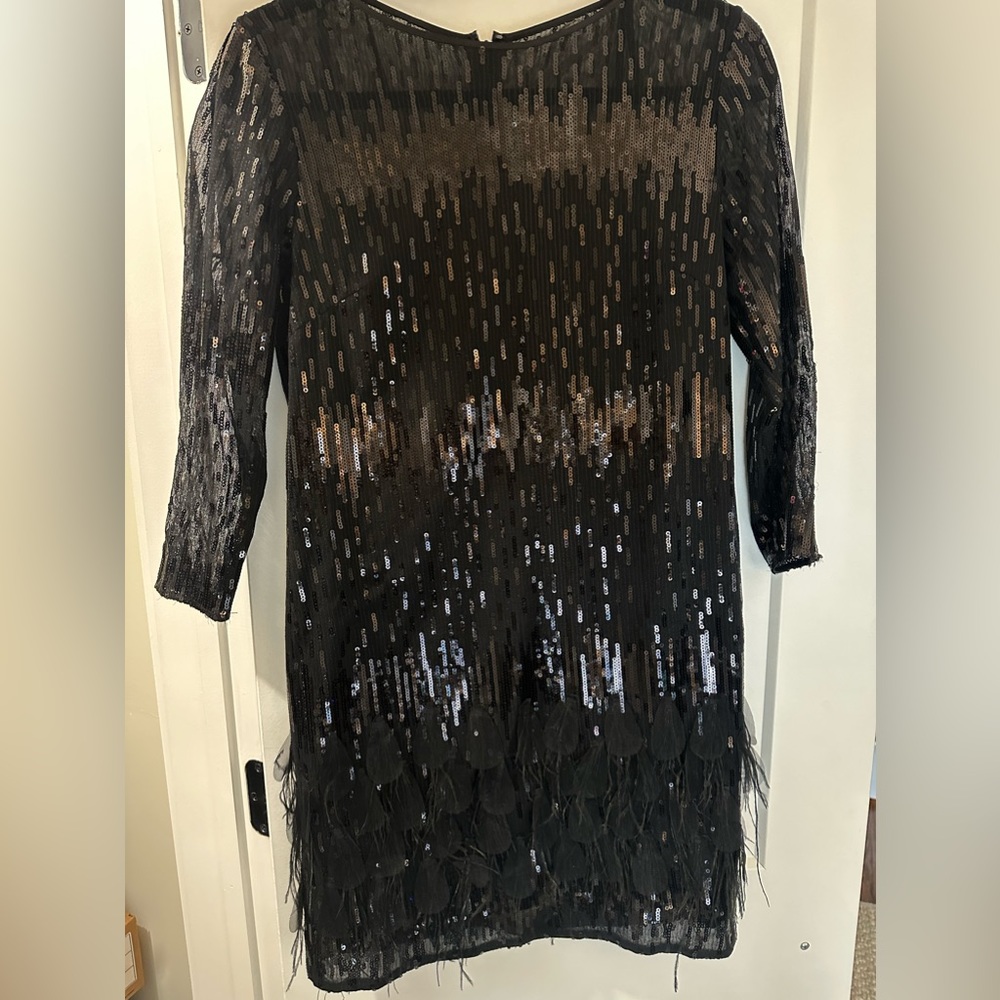 Tahari black cocktail dress. Size 4, fun feathers on the bottom, worn once.
